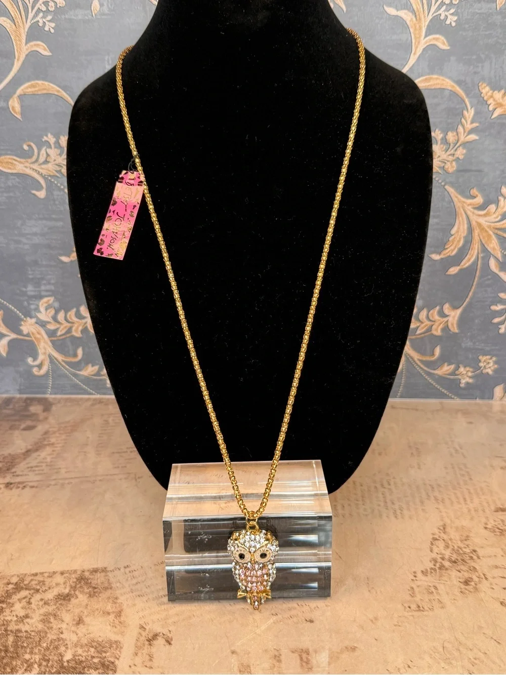 Betsey Johnson Owl Necklace Pink Rhinestone Gold Tone NWT Lot A15